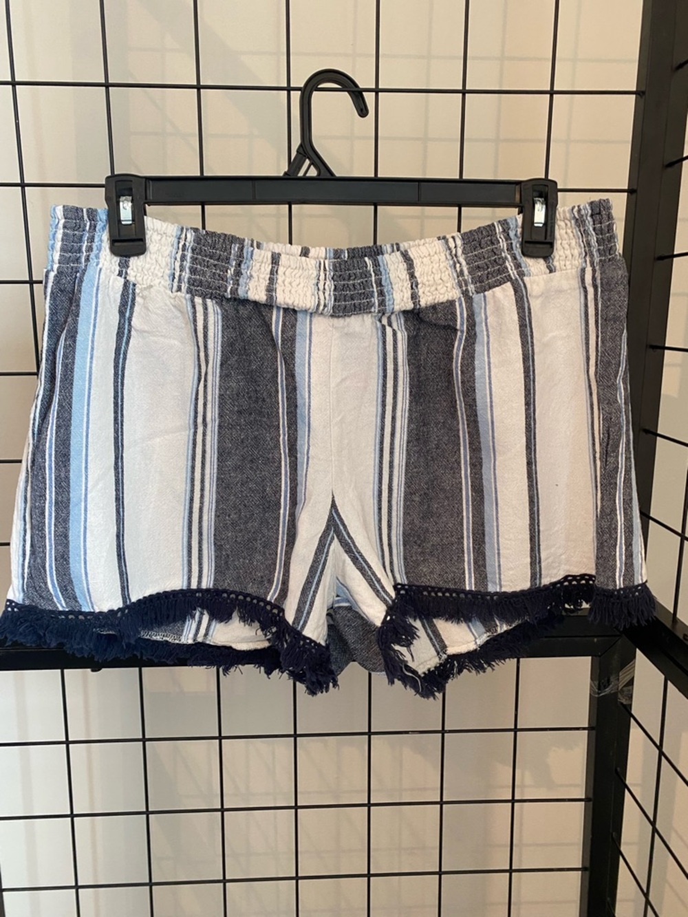 No Boundaries Navy and White Striped Fringe Hem Shorts